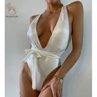 Слитный купальник Peachtan с V-образным вырезом, женский купальник со змеиным принтом, Женский бандажный Монокини, сексуальный купальный костюм, пляжная одежда, лето 2021