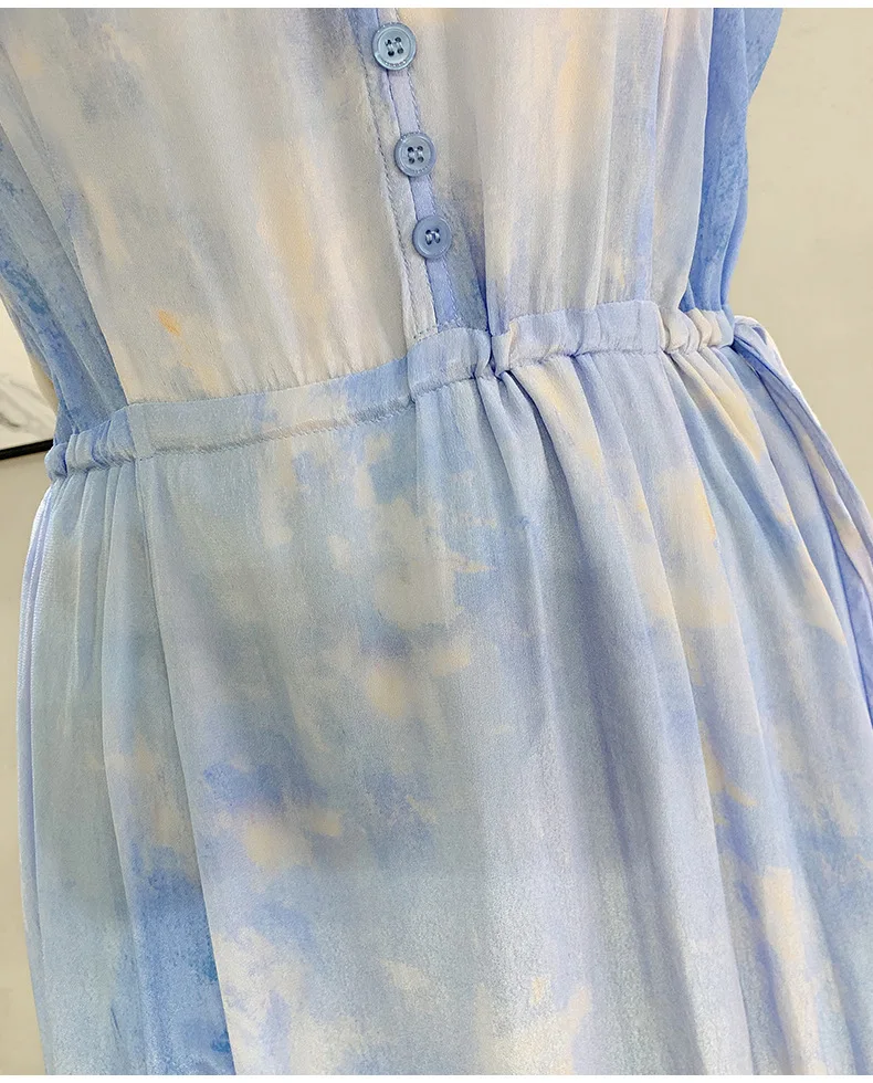 

Printed V-neck Dress Summer 2021 Women's New High Waist Slimming Temperament Midi Dress Short Sleeve Blue Mid Length Dress