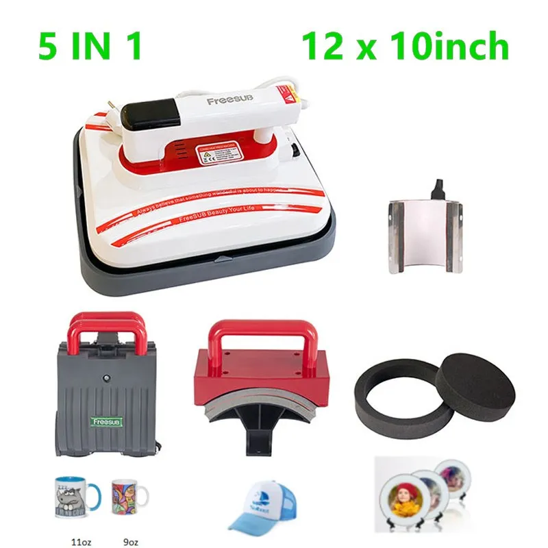 5 in 1  Portable Iron DIY T-shirt Heat Press Transfer Printing Machine With Mug and Cap Heater 12 x 10inch