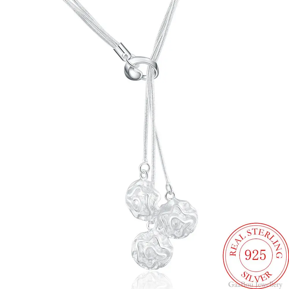

925 Sterling Silver Necklace Pendant Vintage Lucky Zircon Link Chain Charm Girl Wedding Three Tassels Rose Flower Jewelry Gift
