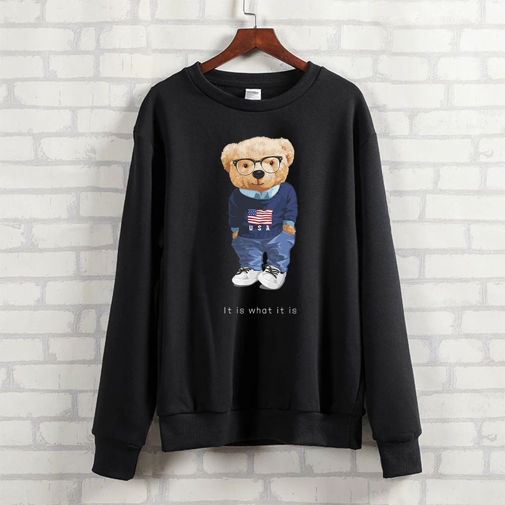 BLINGPAW Autumn Clothes Cute Teddy Bear It Is What It Is Letter Printed Unisex Heavy Blend Crewneck Sweatshirt Long Sleeve