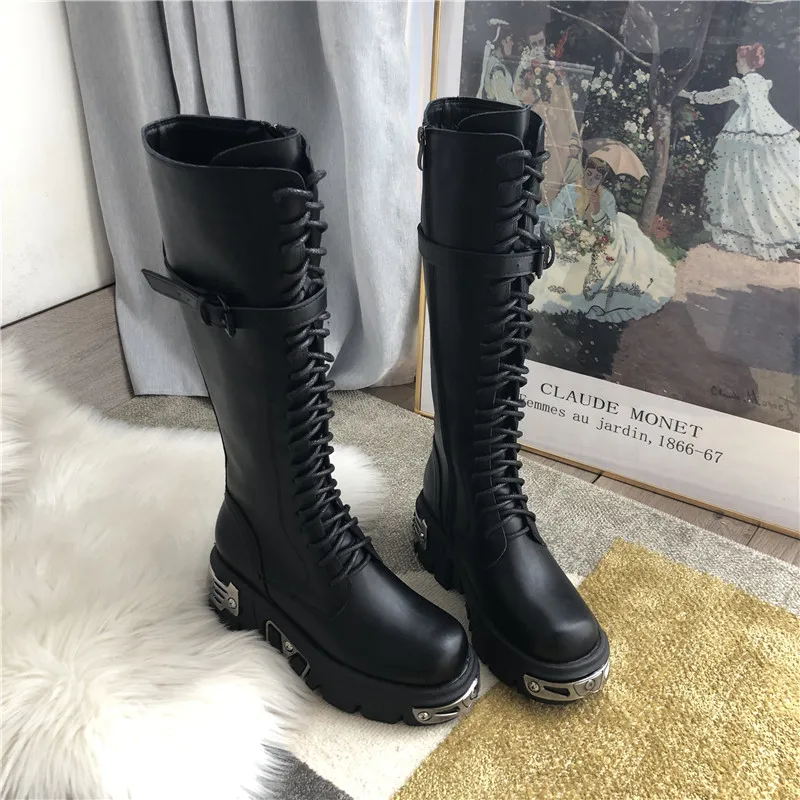 Jady/Новинка года; женские сапоги до колена из мягкой кожи; сапоги на платформе с толстым каблуком; женские сапоги В рыцарском стиле; высокие сапоги на шнуровке; Botas Mujer