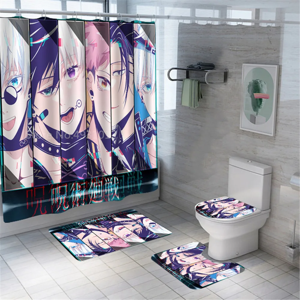 

Jujutsu Kaisen Shower Curtain Set Waterproof Washable Polyester Bath Curtain Anti-slip Rugs Toilet Lid Cover Bath Mat Set