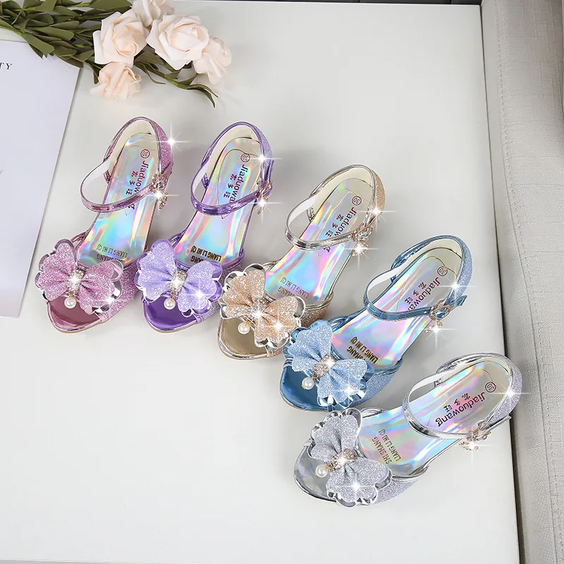 

Princess Kids Leather Shoes for Flower Casual Glitter Children High Heel Girls Butterfly Knot Blue Pink Silver Children Sandals