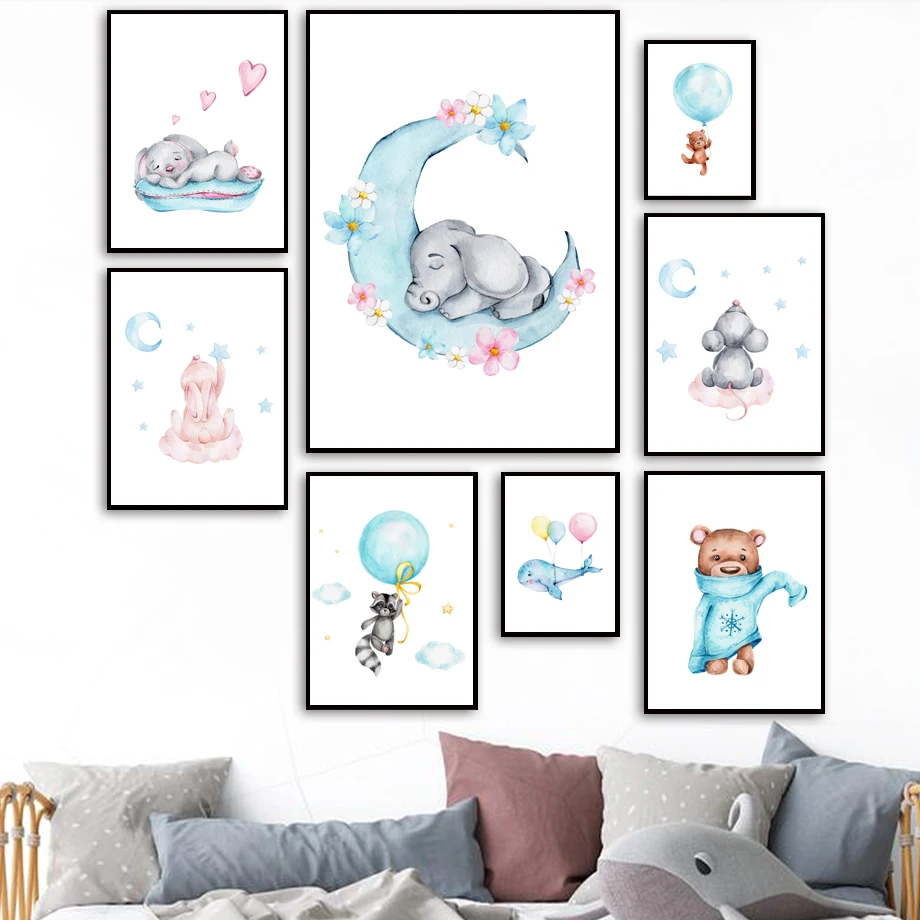 

Elephant Rabbit Bear Balloon Moon Jungle Safari Wall Art Print Canvas Painting Nordic Poster Wall Pictures Baby Girl Room Decor