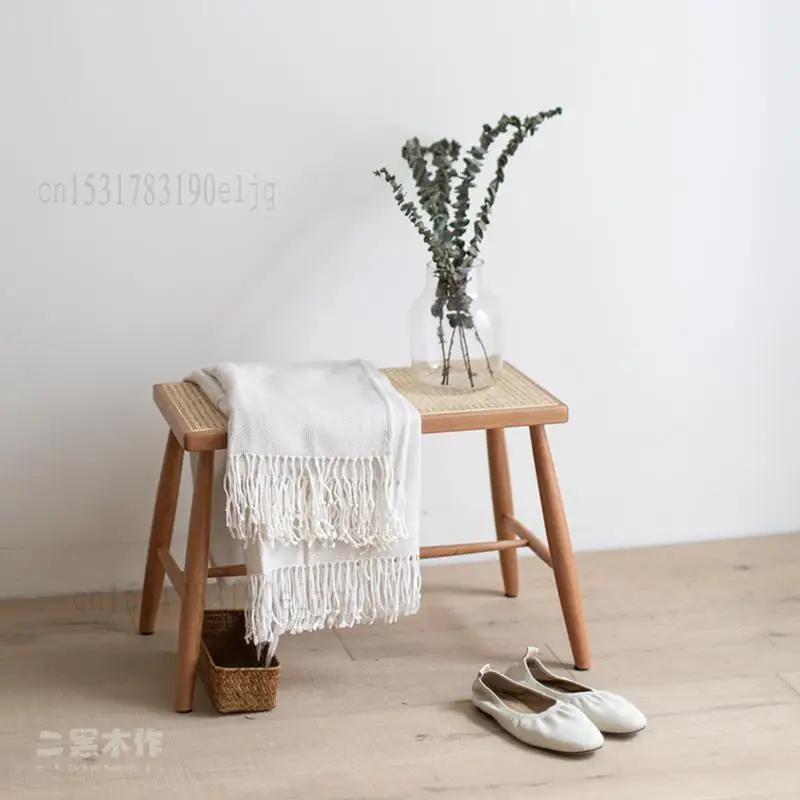 Yu Xian Rattan Stool Nordic Japanese-style Solid Wood Shoe-changing Entrance Porch Shoe Bench Side |