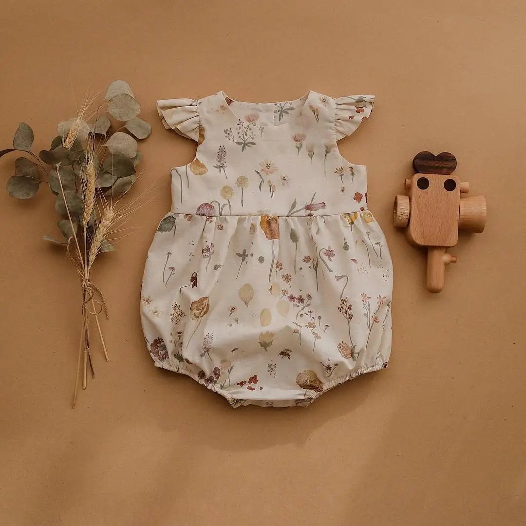 

Baby Floral Print Short Romper, Girls Sleeveless O-neck Jumpsuit with Ruffles for Summer