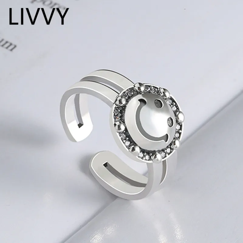 

LIVVY Silver Color Trendy Laciness Round Smiling Face Rings for Women Couples Vintage Punk Birthday Gifts Jewelry