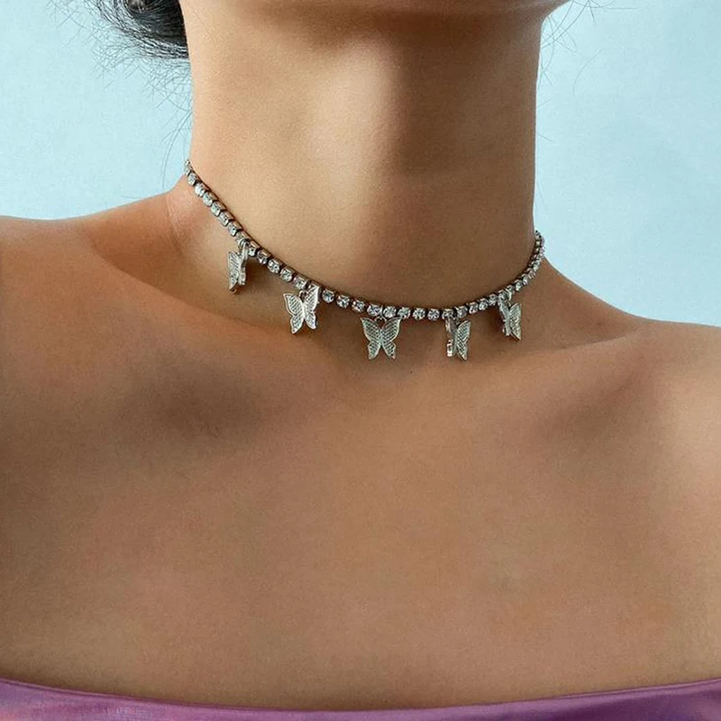 

Vogue Women Jewelry Butterfly Pendant Necklace Female Rhinestone Shining Statement Crystal Charm Choker Necklace for Woman Gift