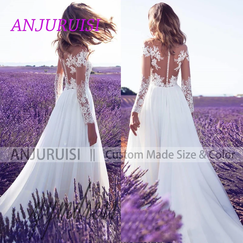 ANJURUISI Boho свадебный наряд пляжное кружевное свадебное платье с аппликацией с длинными рукавами сексуальное свадебное платье с разрезом De Mariee шифон