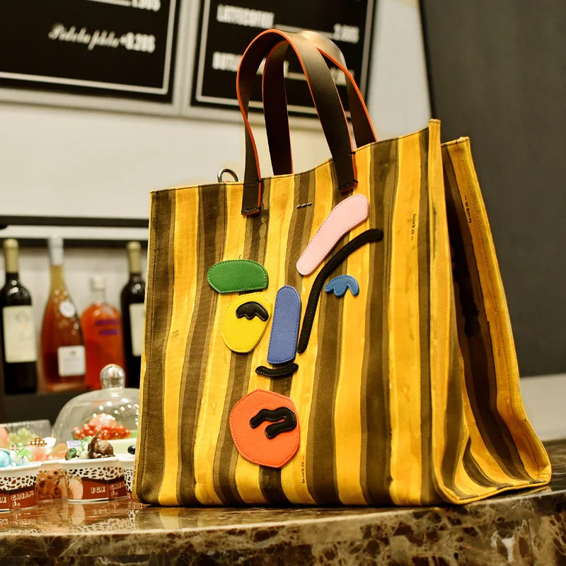 

2022 New Trend Striped Canvas Tote Bag Large Capacity Contrast Color Single Shoulder Handbag Ladies Shoulder Messenger Bag