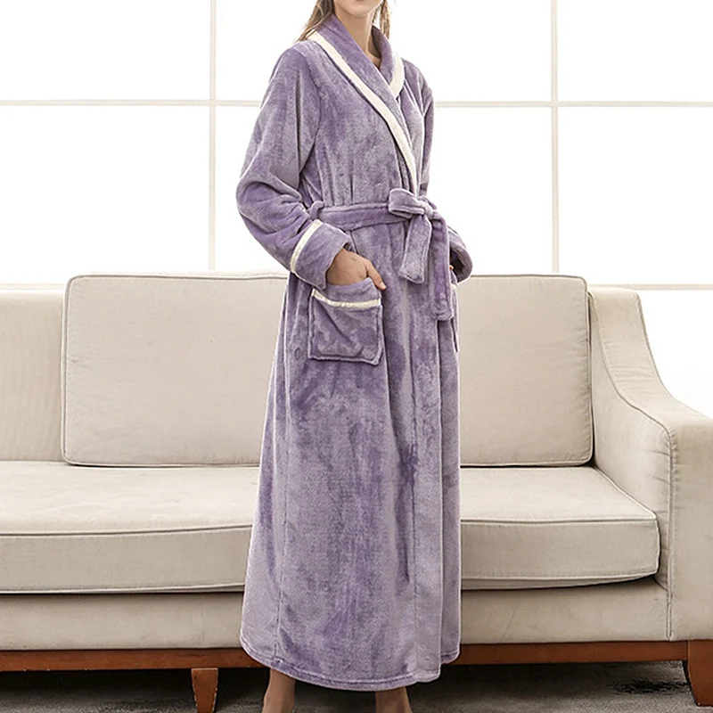 

Women Long Bathrobe Warm Dobby Coral Fleece Flannel Thermal Bath Robe Kimono Gown Autumn Winter Thick Bathrobe
