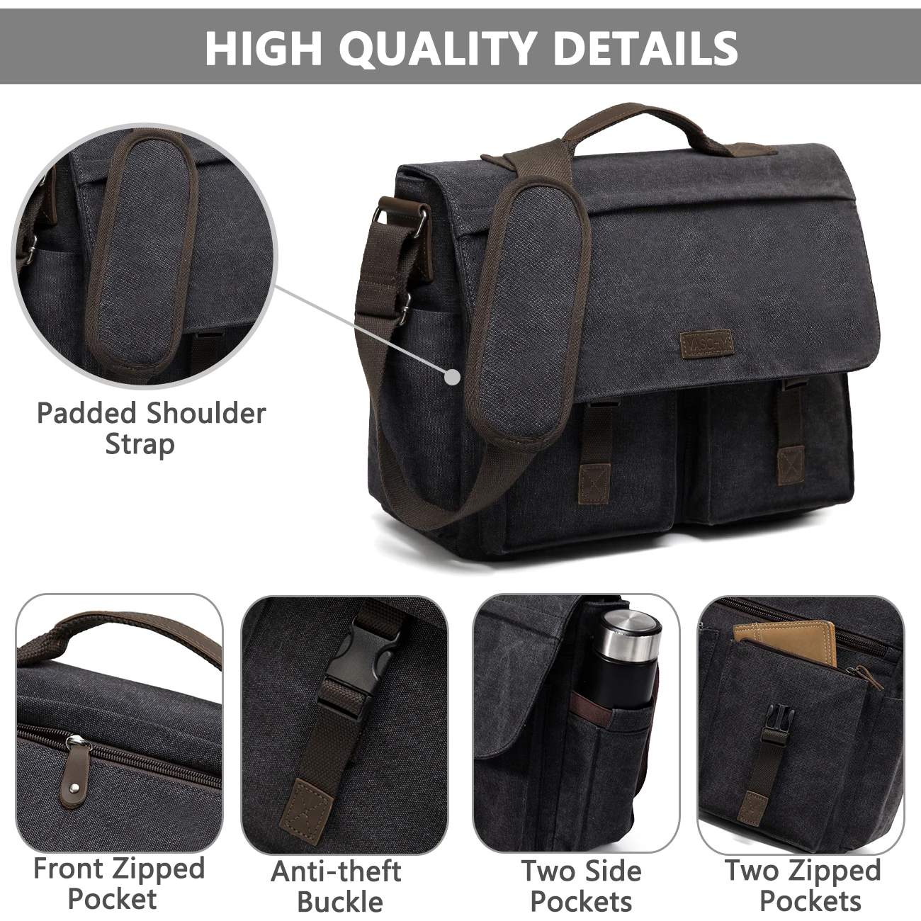 VASCHY  Messenger Bag for Men Vintage Water Resistant Waxed Canvas 17 inch Laptop Briefcase Padded Shoulder Bag for Men Women