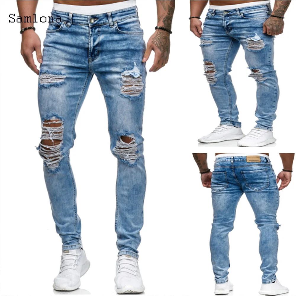 2020 European and American style Men's Fashion Jeans Casual skinny Straight Ripped Light blue Biker Hip Hop Denim pants