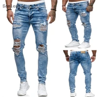 2020 european and american style mens fashion jeans casual skinny straight ripped light blue biker hip hop denim pants