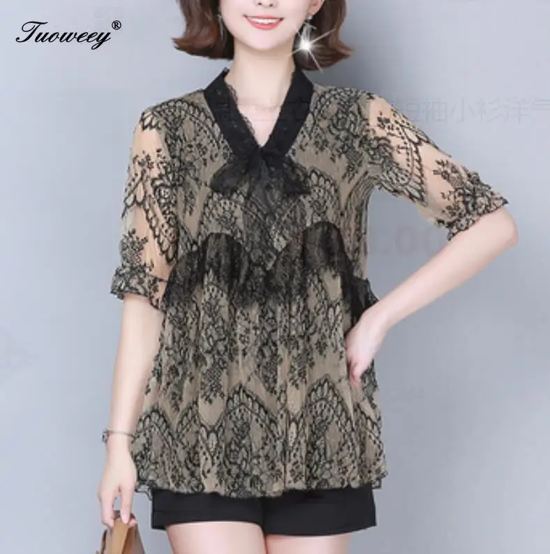 New Sweet Women Blouse Fashion Lady's Chiffon shirt Patchwork Mesh Lace Tops short sleeve Ruffles Casual shirt