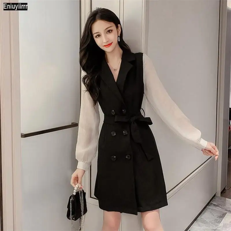 

Black Solid Elegant Flared Dress Women Autumn Bow Tie High Waist Long Sleeve Ladies Basic Fit And Flare Short Dresses