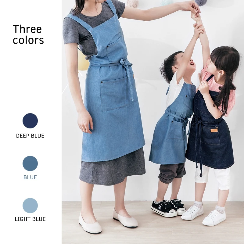 

Denim kitchen Ladies Apron CoffeeShop Baking Restaurant Overalls With Pockets Sleeveless Bib Fabric Children's Apron