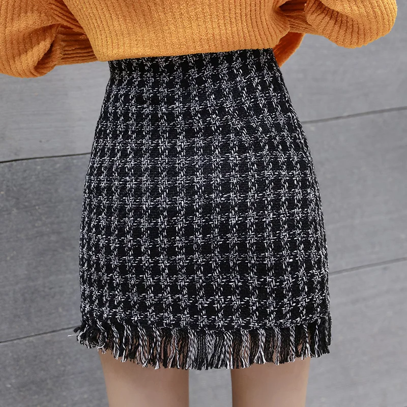 Женская твидовая юбка с кисточками винтажная мини карандаш шерстяная облегающая