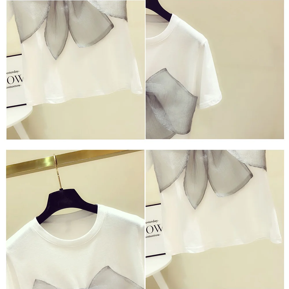 

Korean Style Patchwork Big Mesh Bow Cotton T Shirt Woman Casual Short Sleeve Tops O-Neck White Black Summer Clothes For Women