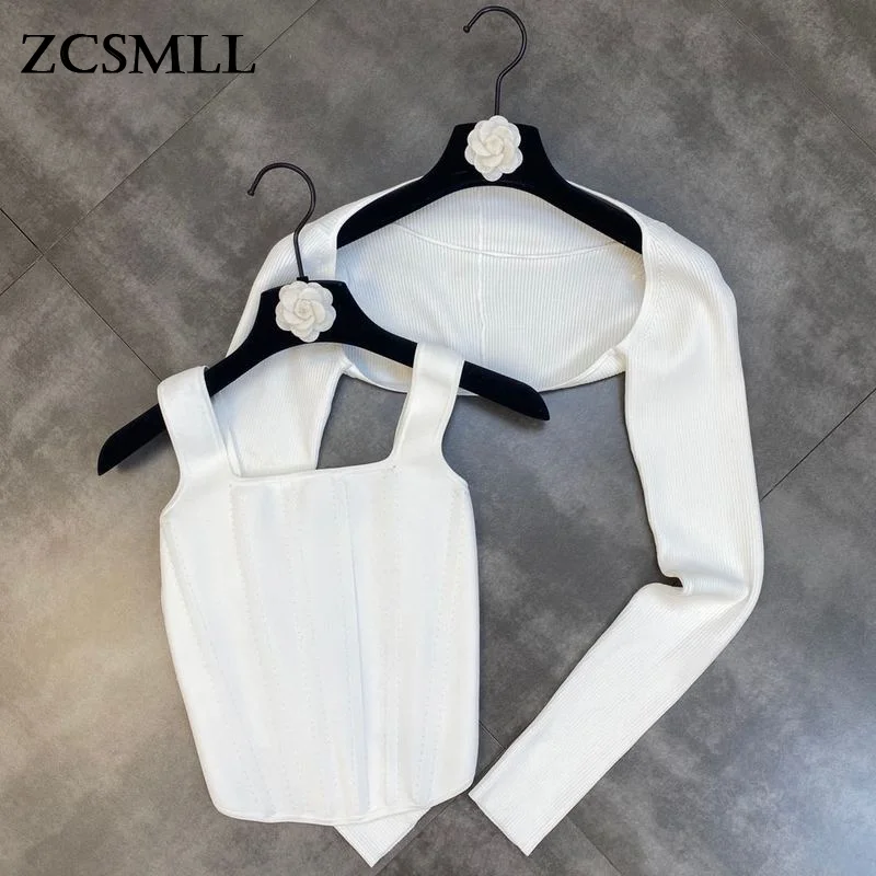 

ZCSMLL 2021 Spring Autumn Long-sleeved Blouse with Fish Bone Waist Slimming Two-piece Knitted Women Pullovers