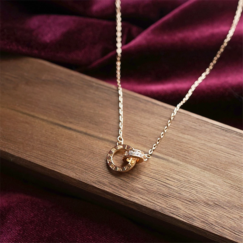 

Trendy Double Interlocking Clavicle Chain Necklace For Women Female RoseGold Color Pendant Couples Jewelry Accessories Gifts