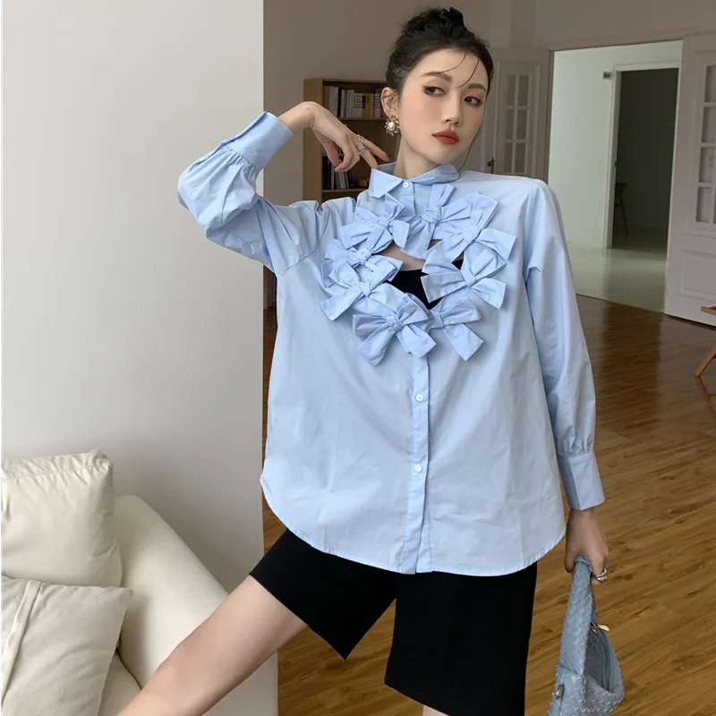 

Kimotimo Ins Bow Hollow Out Shirt Women Design Long Sleeve Loose Fashion Solid Blouse 2021 New All-match Button Up Ladies Tops