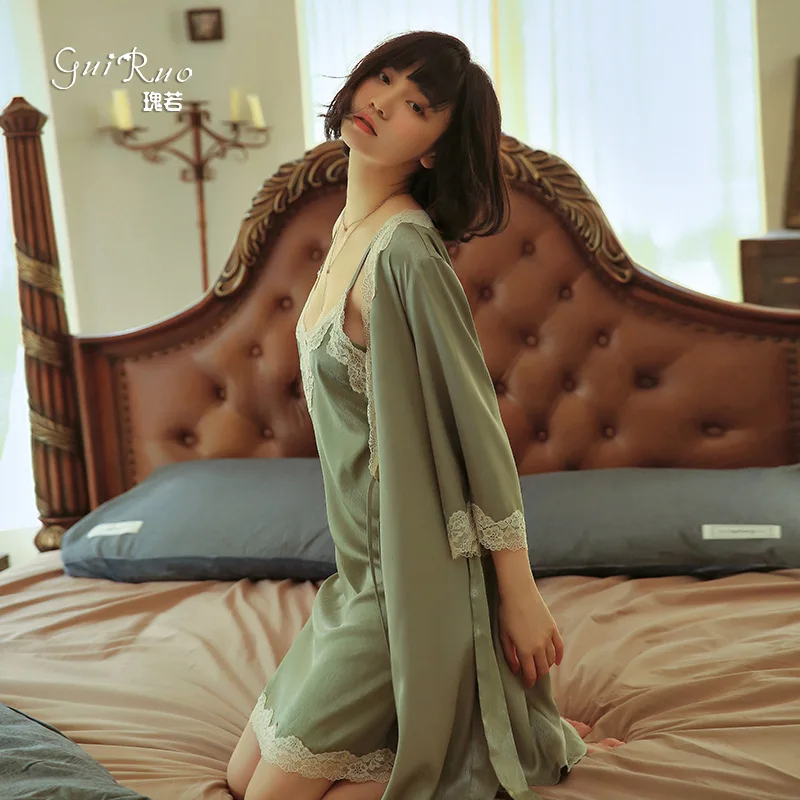 Spring Autumn New Style Women's Sexy Open Front Imitation Silk Lace French Bathrobe Nightgown Home Clothes Lace Sexy Nightdress