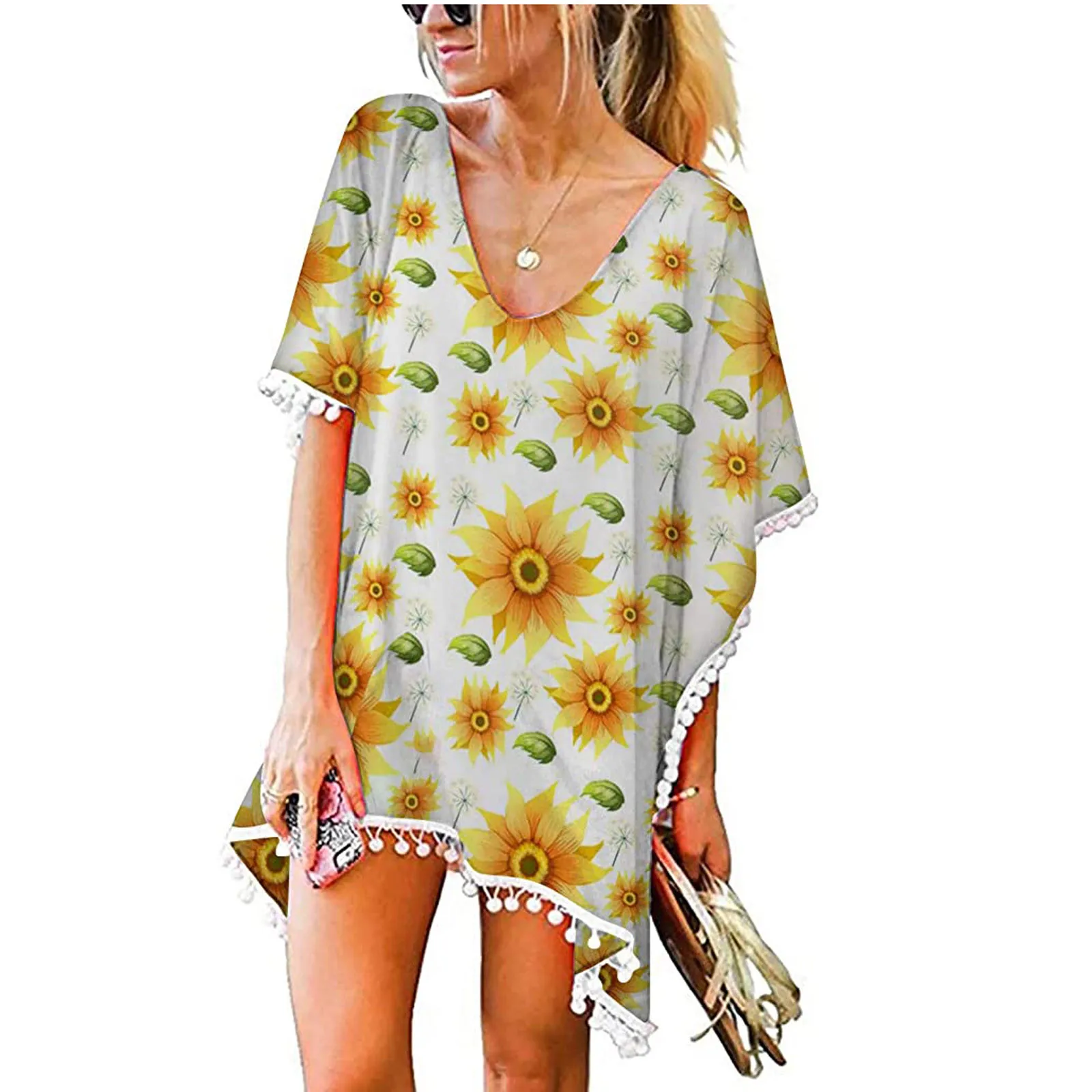 

Women's 2021 Chiffon Tassels Beach Wear Swimsuit Cover Up Swimwear Bathing Suits Summer Mini Shirt Beach Dress robe