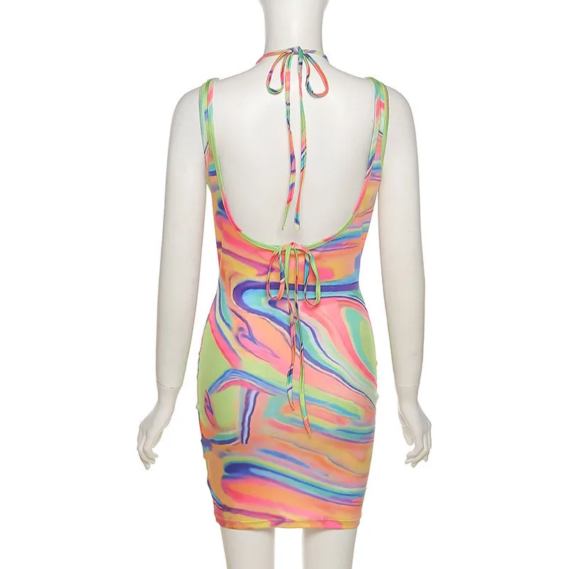 

NOVAINSPO Baddies Style Hollow Out Tie Dye Lace Up Halter Dresses Sexy Sleeveless Rave Outfits One Piece Mini Dresses 2021 Hot
