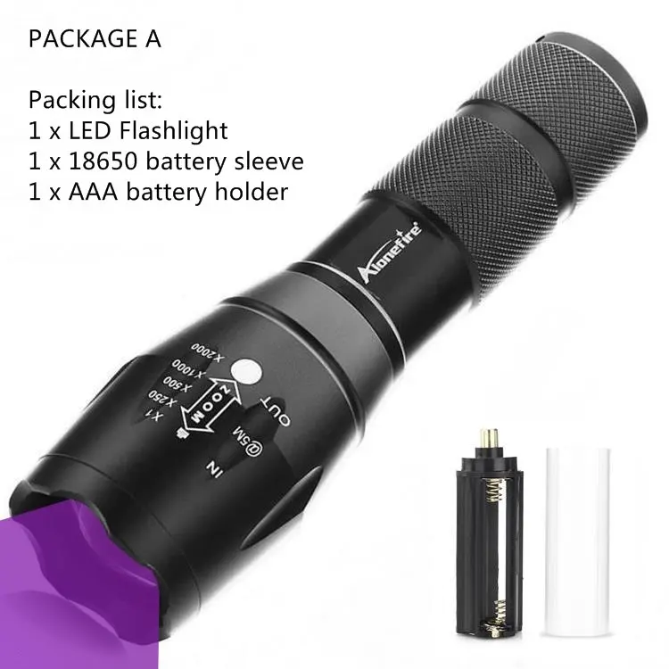 UV flashlight A AloneFire E17 УФ светодиодный фонарик 365 нм Ультрафиолетовый масштабируемый Невидимый для кошек, собак, домашних животных, охотничий маркер для проверки батареи AAA 18650 - Испускаемый цвет: UV flashlight A