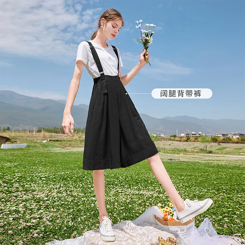 

SHZQ Suspender Pants Women's Summer 2021 New Slim Black Casual Pants Loose High Waist Wide Leg Straight Quarter Pants