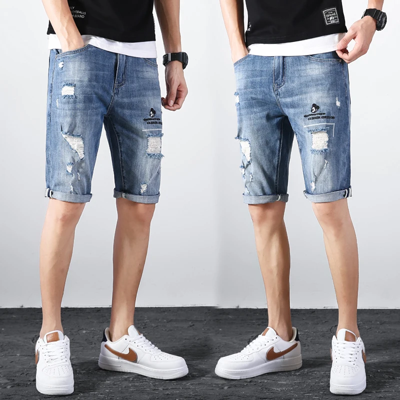 

Summer New Men'S Casual Retro Denim Shorts Korean Style Slim Fashion Trend Ripped Jeans Male High Quality Loose Stretch Pants