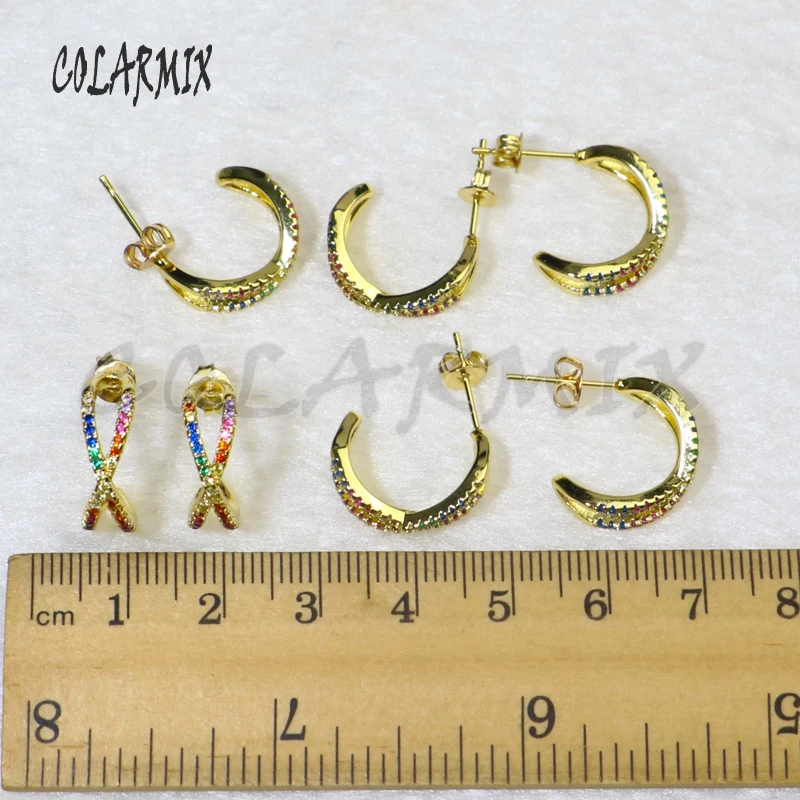 

6 Pairs Circle shape rainbow zircon stone earring gold color cute tiny circle earrings gift for lady jewelry earrings 5655