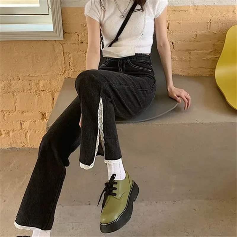 

Black Lace Flared Jeans Women Casual Vintage Skinny Low Waist Stretch Mom Jean Y2k Denim Pants Harajuku Plus Size 90s Trousers