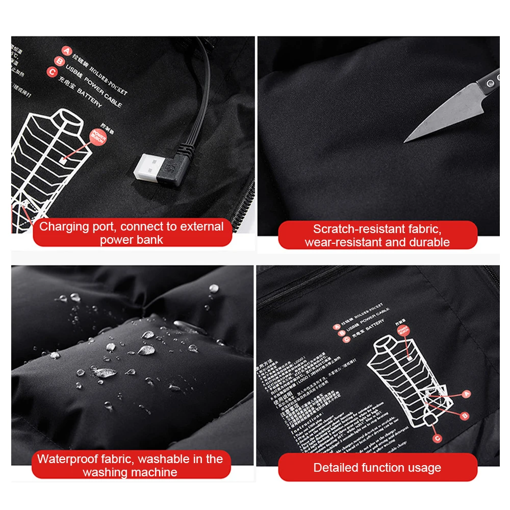 

4 Sizes USB Heated Electric Vest Thermal Coat 9 Heating Areas Body Warmer For Winter Use Black Heated Pad Warm Physiotherapy