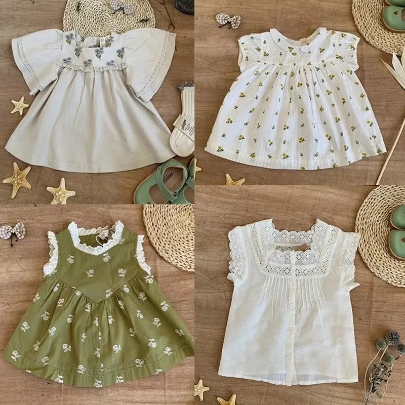

kids top Sweet Doll Collar Short Sleeve Top with Small Floral Pattern baby girls clothes Cotton comfortable t-shirt