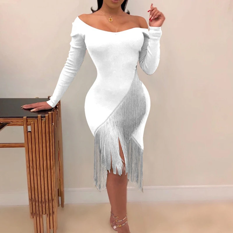 Осеннее сексуальное длинное платье с длинным рукавом и кисточками для женщин