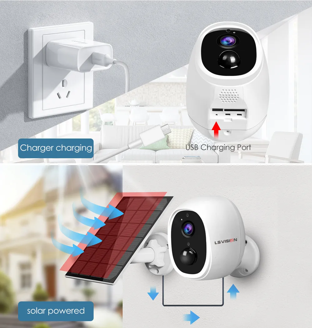LSVISION Солнечная Wifi IP-камера 1080P HD для наружного монтажа с батареей 2MP Обнаружение людей Двусторонняя аудио связь ИК-ночное видение Безопасность.