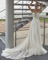 charming fairy wedding dress 2021 a line v neck lace appliques backless sleeveless sweep train bride gown vestidos de noiva