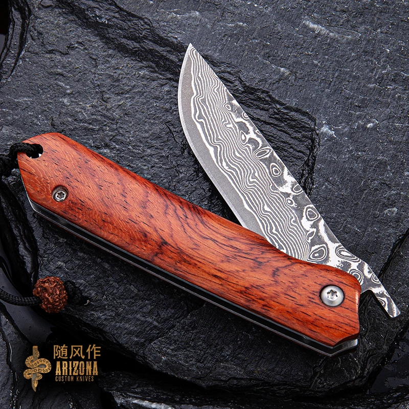 Ветровой нож из дамасской стали бутиковый складной с подшипником острый