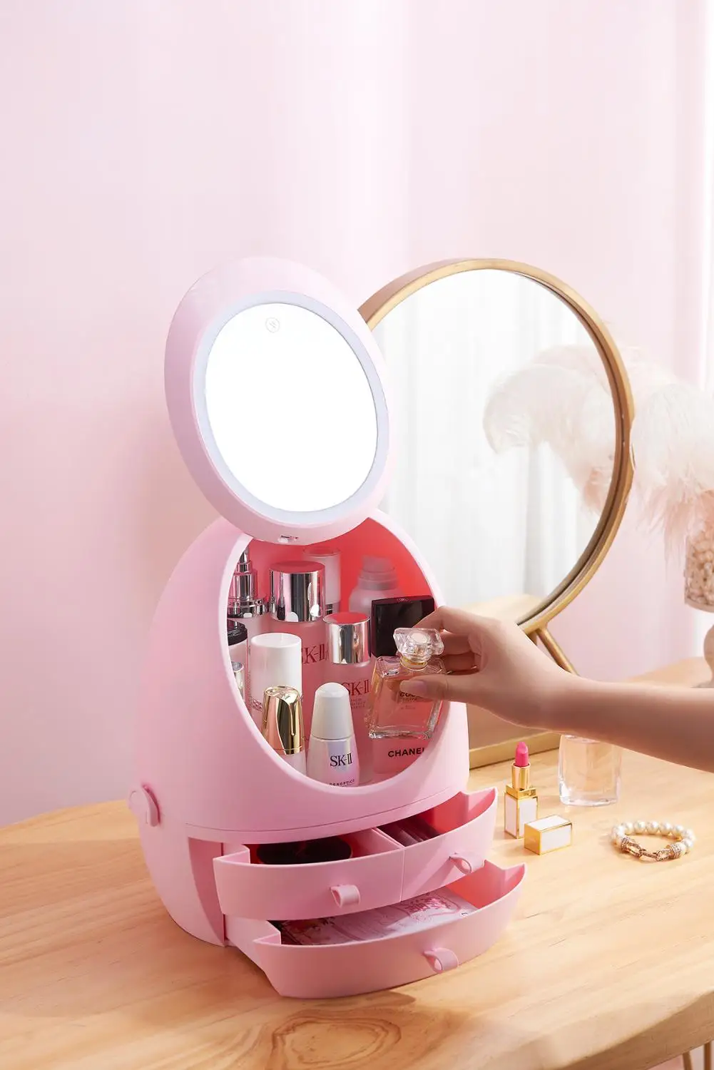 Новейший светодиодный ящик для хранения косметики с зеркальной головкой розовые