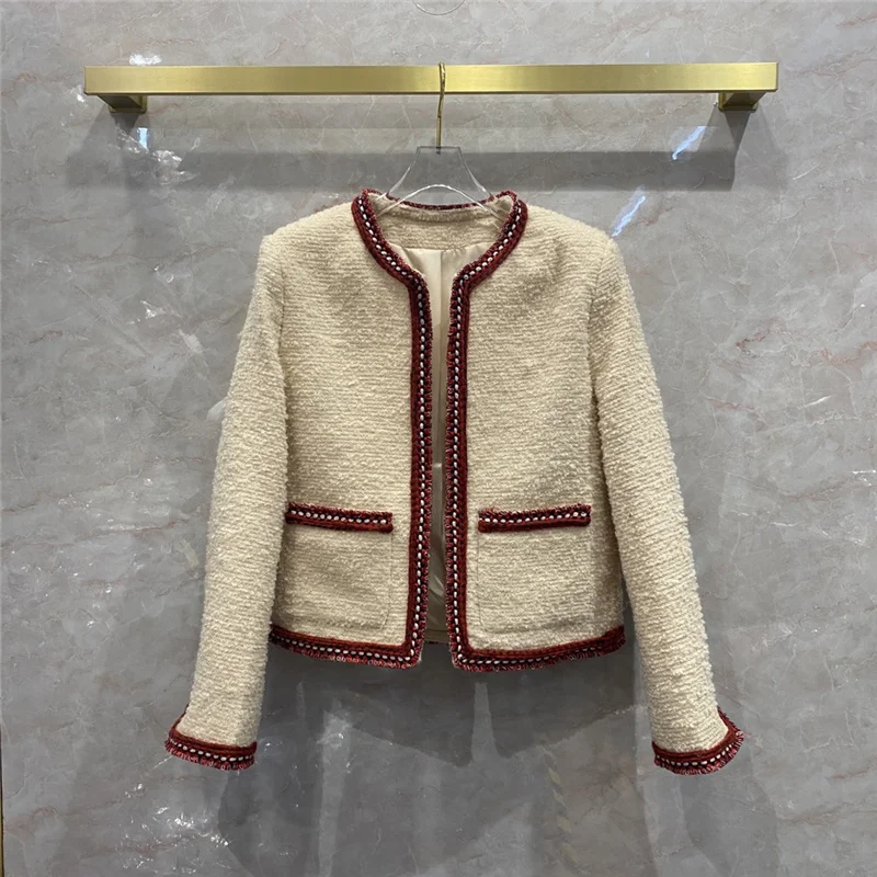 

High Quality Early Spring Women Fashion Warm Jackets Wool Blend Weave Tweed Color Block Sewing Elegant Female Coats