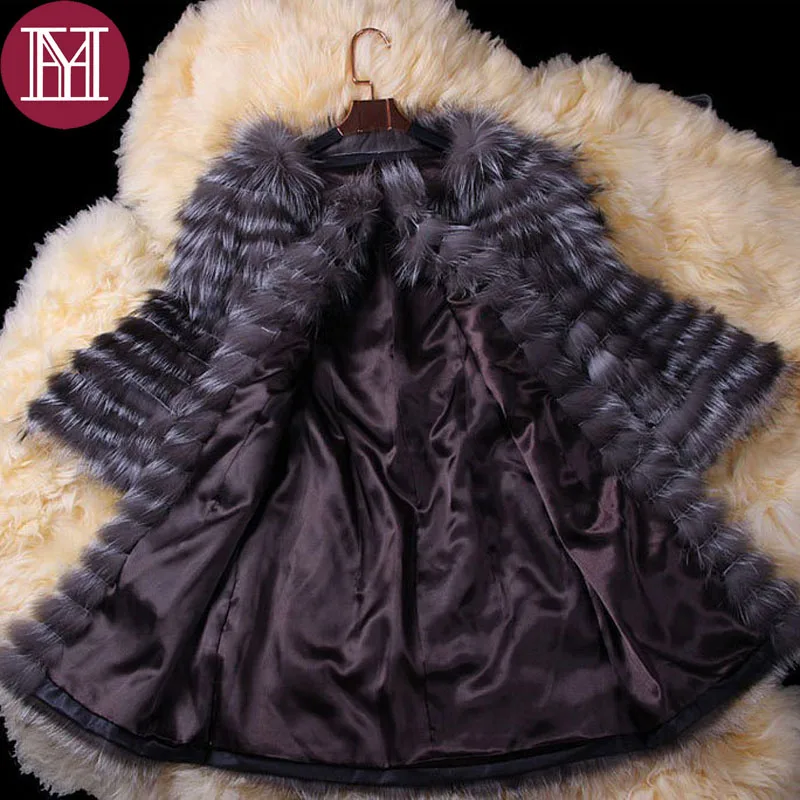 Женское пальто из натурального Меха чернобурки полосатая длинная куртка Лисьего