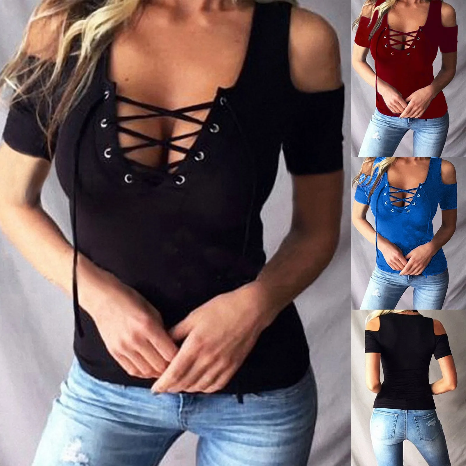 

73# Women's Tank Top Solid Color Sexy Off Shoulder Corns Rope Short Sleeve T-shirt Summer Ladies Tops New Basic Streetwear