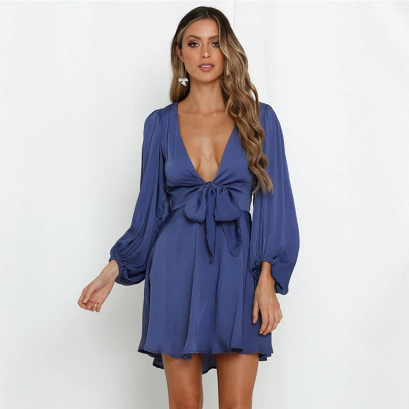 

Elegant Belted Wrap Female Mini Dress V Neck Lace Up Women Dress Long Sleeve High Waist Dress