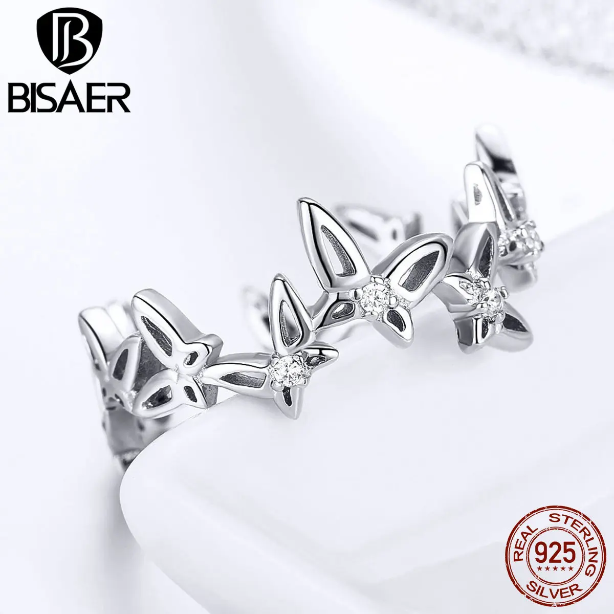 Женское кольцо с бабочкой BISAER регулируемое из 100% серебра 925 пробы для танцев