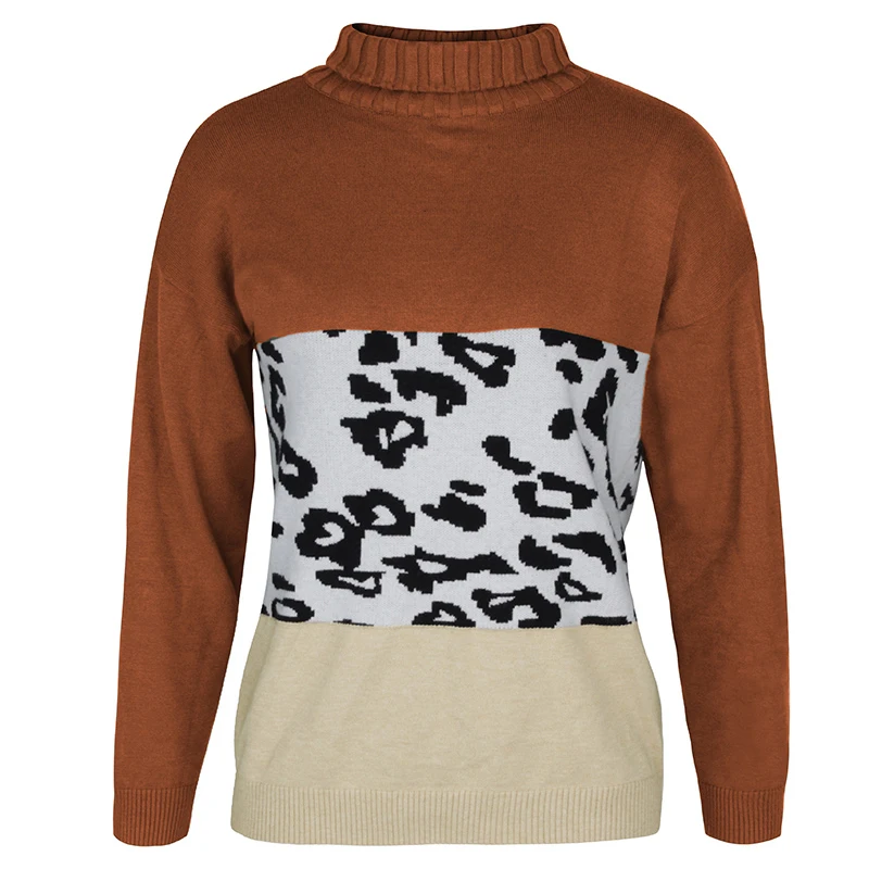 

2020 Women's Autumn Leapard Sweaters Loose Patchwork Knitted Female Pullovers with Long Sleeve Turtleneck Casual Jumpers Ladies