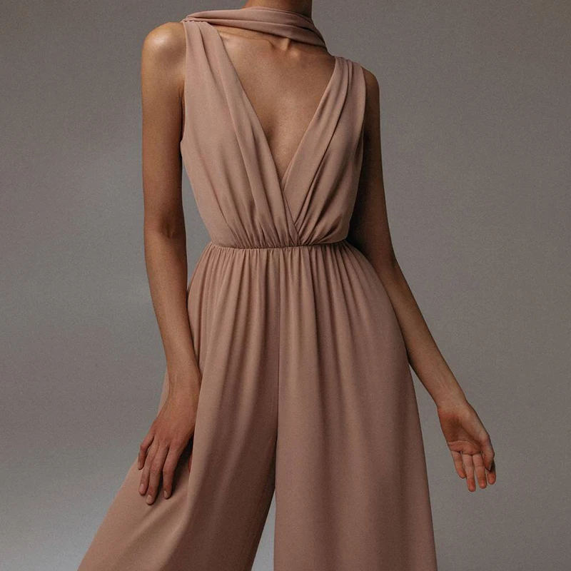 

CHICEVER White Jumpsuits For Women V Neck Sleeveless High Waist Loose Wide Leg Pants Females Fashion Clothing 2021 Summer Style
