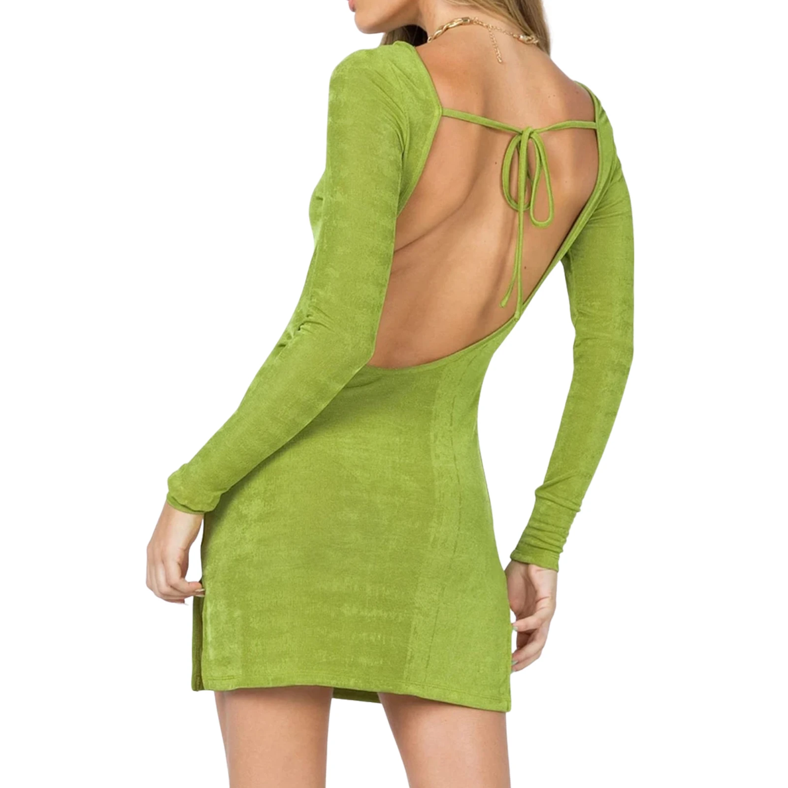 

Autumn Women’s Casual Long Sleeve Skinny Mini Dress Ladies Female Sexy Solid Color Tie-up Backless Split Short Slim Party Dress